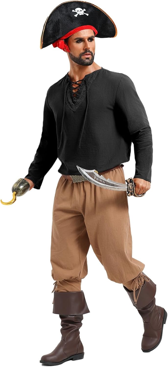 Runcati Mens Renaissance Pirate Shirt Medieval Viking Steampunk Costume Shirts Long Sleeve Lace Up Halloween Scottish Tops - Image 5