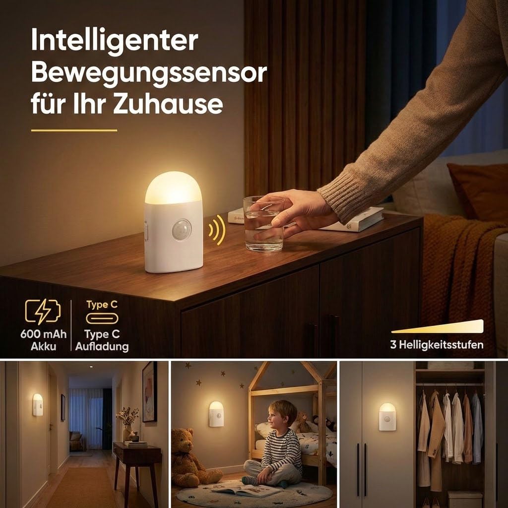 BXROIU Lampka nocna LED z czujnikiem ruchu, ładowana bateria, możliwość ściemniania, 3 poziomy jasności, lampka nocna, czujnik światła do sypialni, szafy, korytarza, schodów (1 sztuka)