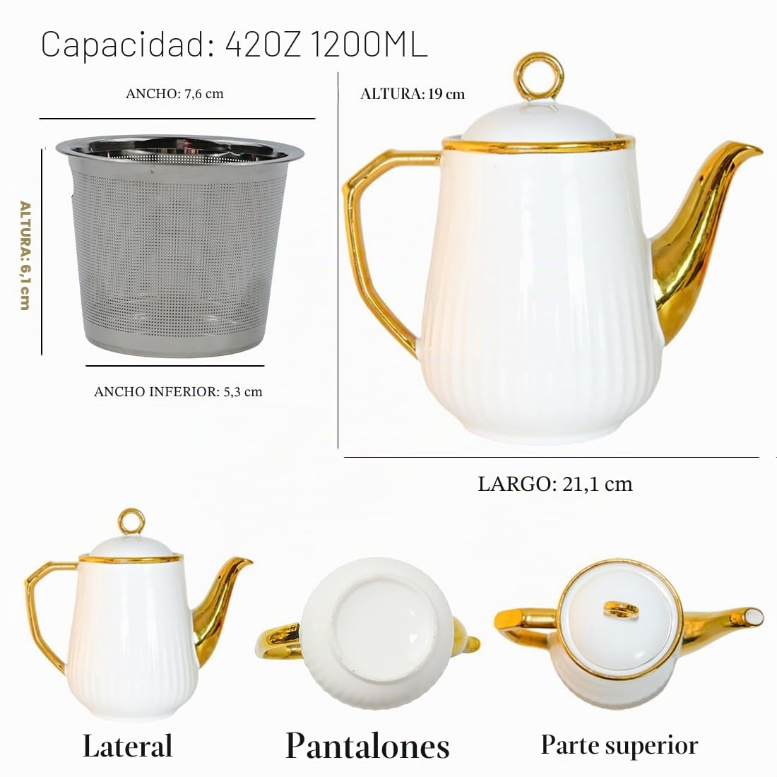Tetera de Porcelana Minimalista y Cerámica Con Infusiones para Té Suelto - para Fiestas (Dorada, Grande)