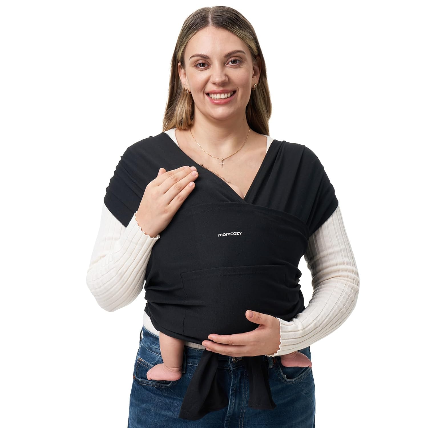 Momcozy Fascia per neonati – Anello facile da indossare – Fascia per il trasporto traspirante per mani libere – Marsupio regolabile da 3,6 kg a 15 kg (nero)
