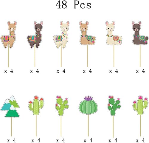 Miniatura 3 de Decoración para cupcakes de cactus de llama, 48 unidades, decoración de pasteles para fiesta mexicana, temática de cactus de alpaca, suministros
