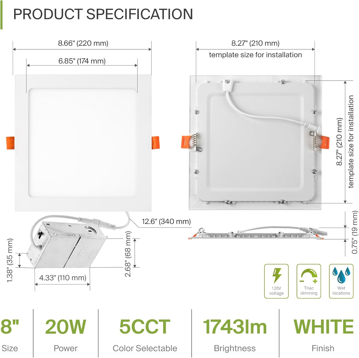 Product Specification Diagram with Dimensions and Electrical Ratings