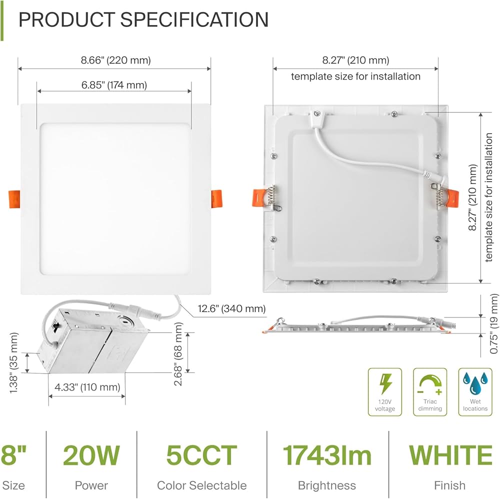 ASD 1 Pack LED Square Recessed Lighting 8 Inch, 5 CCT 2700K-5000K