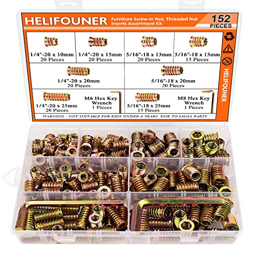 Insert fileté bois 1/4-20 et 5/16-18 en acier avec clé pour assembler vos meubles, 150 pièces