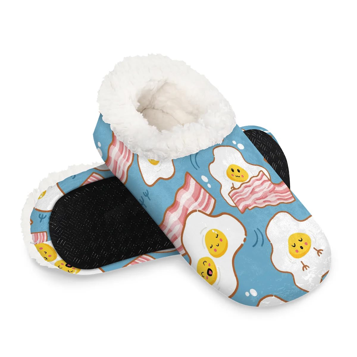 lakefvgk House Slippers for Women Men, Eggs Bacon Patterns Yummy Yolk Closed Back Fuzzy Plush Slippers, Comfy Bedroom Home Shoes with Anti-Skid Rubber