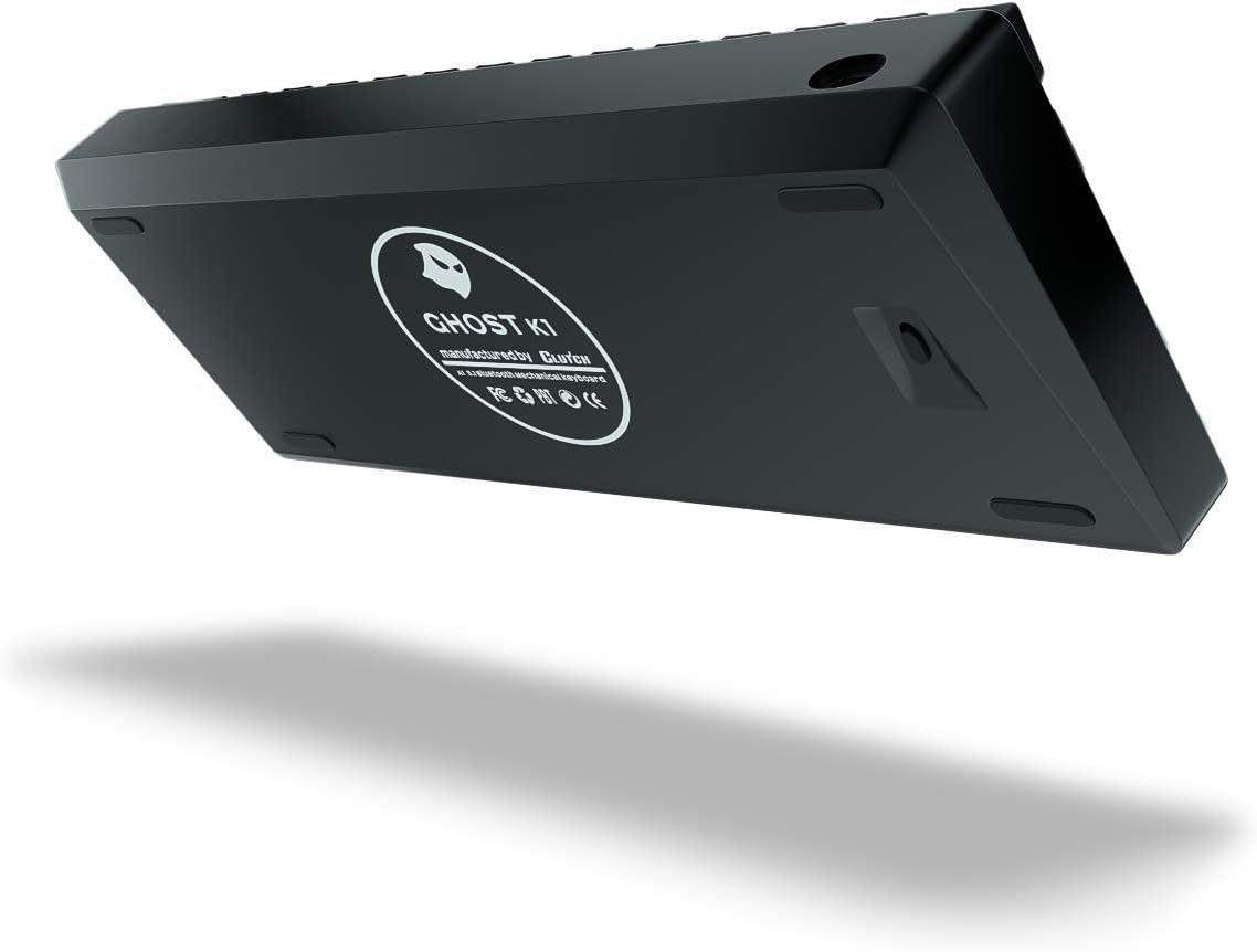 Behean view of the Ghost K1 Wireless Keyboard, showing the product label and adjustable feet.