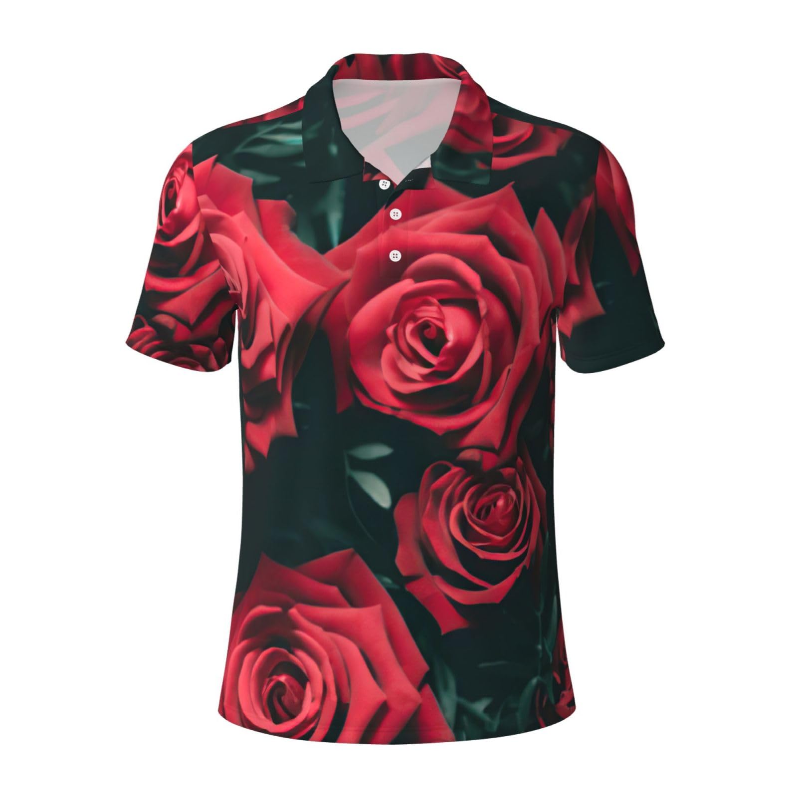 Red Rose Print Men's Polo Shirts Short Sleeve Moisture Wicking Hawaiian Golf Shirts for Men Fun, Black, 3XL