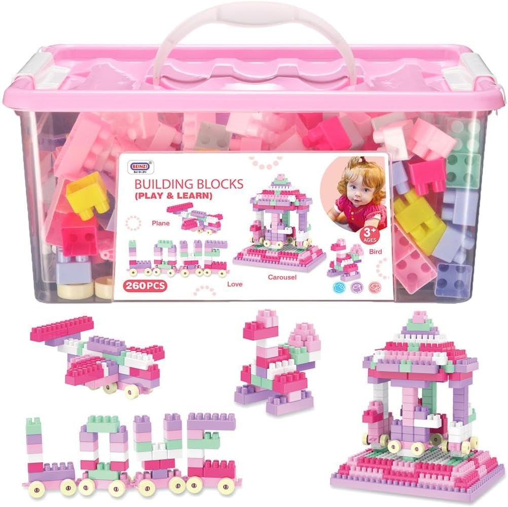 Home Smart Building Blocks Play and Learn for Toddlers Assorted Color Plastic Blocks of 260 PCs Kids Educational Build Playing Toy (Pink)