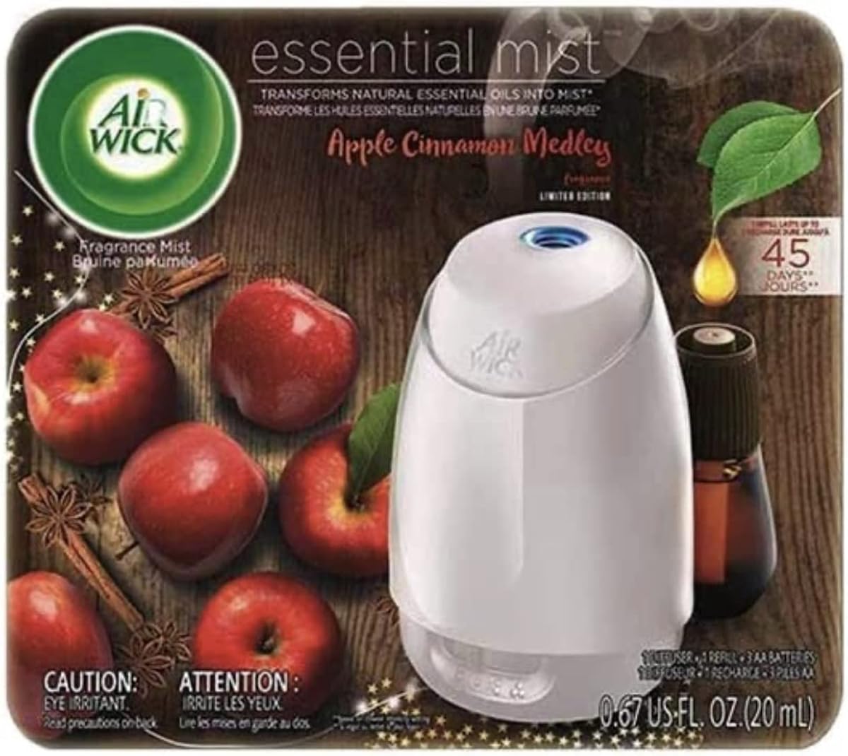 Air Wick Essential Mist, difusor de aceites esenciales (difusor + 1 recambio), mezcla de manzana y canela, aroma otoñal, spray otoñal, ambientador, el embalaje puede variar
