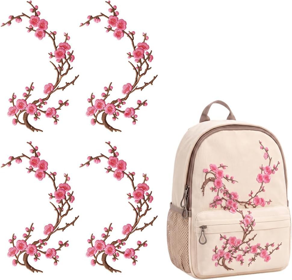 Cherry Blossom Patches Iron On, 4Pcs Embroidered Pink Sakura Floral Sew On Patch, Applique Trim for Jeans, Garment, Jacket, Backpack, Clothes Decoration, DIY Craft & Repair