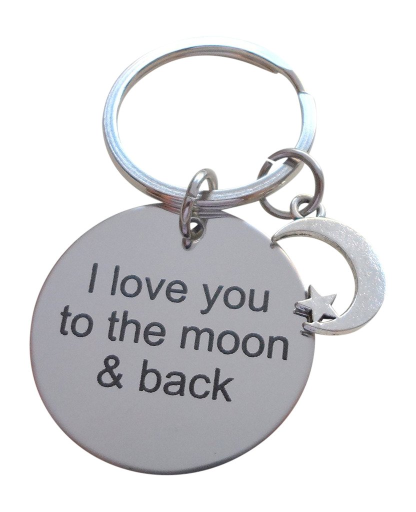 I Love You to the Moon & Back Stainless Steel Saying Disc Keychain with Moon Charm