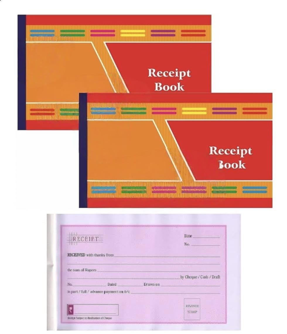 SEJASCOLLECTIONS | Pack of 2 | Cash Receipt/Money Receipt Book with Duplicate Sheet | 50x2 Sheets (50 Printed + 50 Plain) | 11x19 cm | Ideal for Office, institutes, Shops & General Accounting Purpose