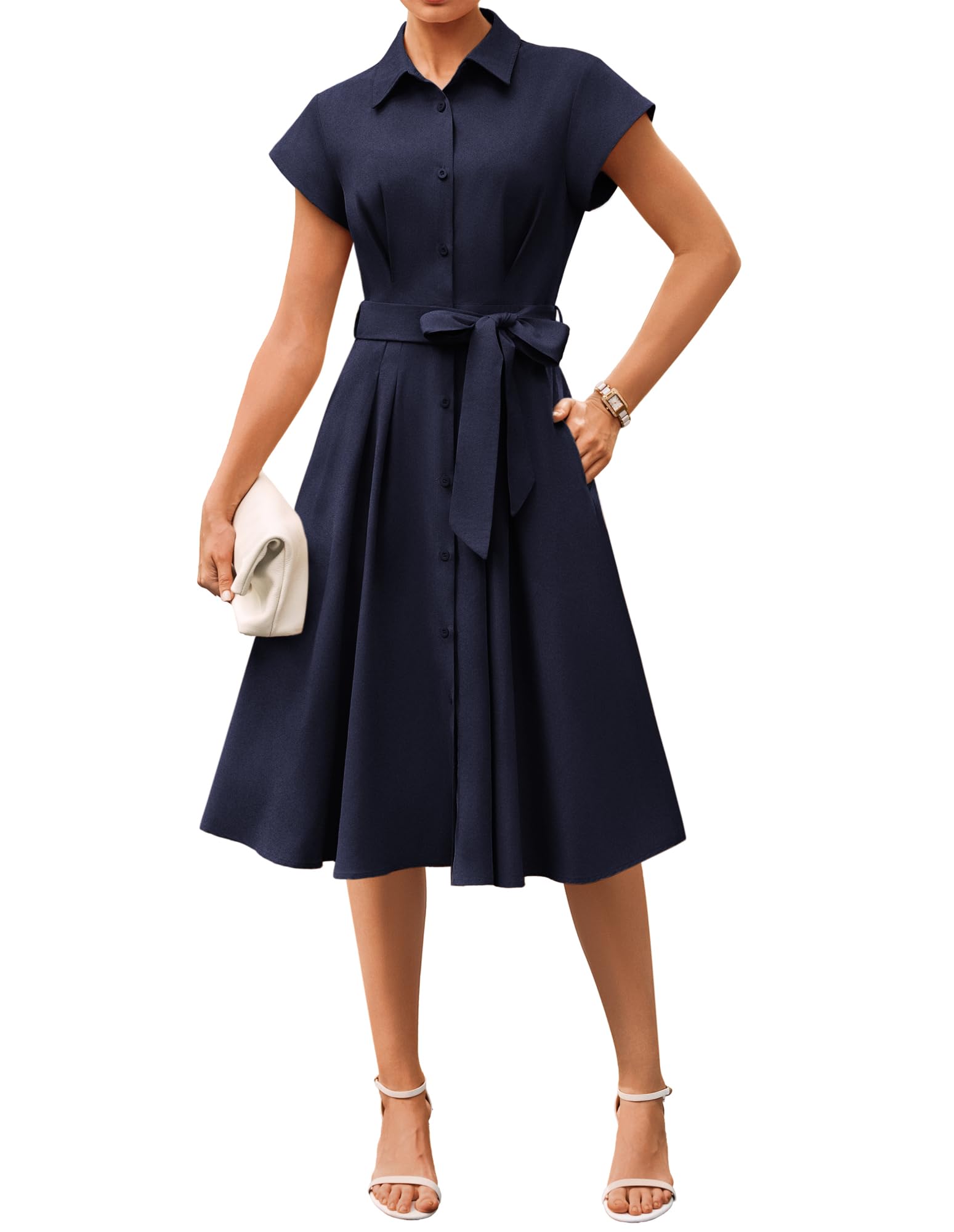 GRACE KARIN Womens Short Sleeve Shirt Midi Dress Button Down Work Business Casual Dress
