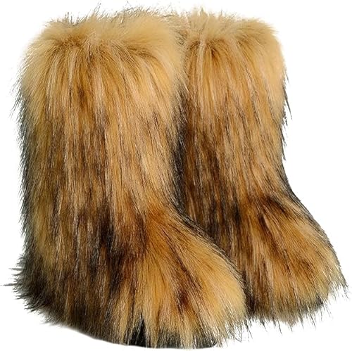 NWSTESLE Women's Faux Fur Boots Furry Boots y2k for Girls Fuzzy Fluffy Winter Snow Boots Warm Outdoor Indoor Mid-Calf Flat(Brown,8)