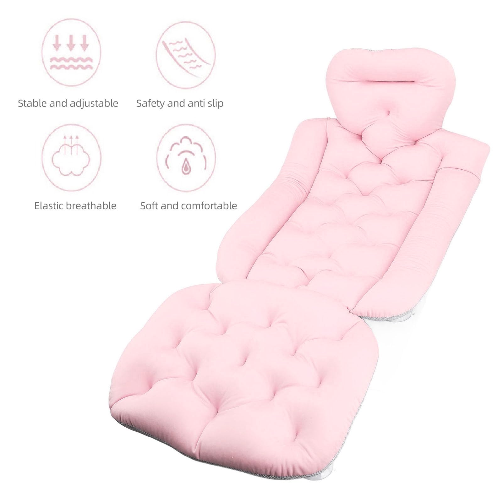 Cuscino bagno esteso per tutto il corpo, uso per adulti, cuscino vasca con ventose per supporto per testa, collo e schiena (Rosa)