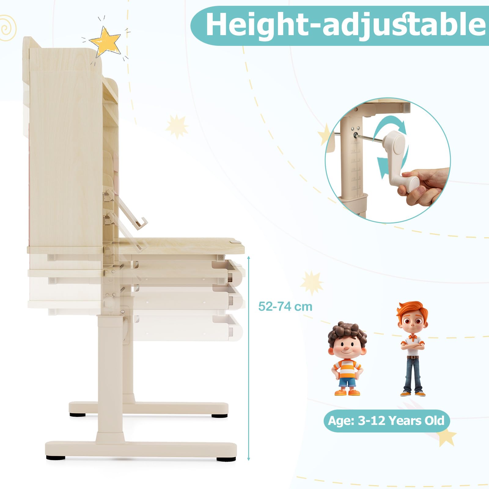 LIFEZEAL Escritorio Infantil con Bandeja Reclinable, Altura Ajustable, Cajón, Estante y Soporte de Lectura Retráctil, Patas de Metal, Mesa de Estudio para Niños de 3 a 12 Años (Azul)