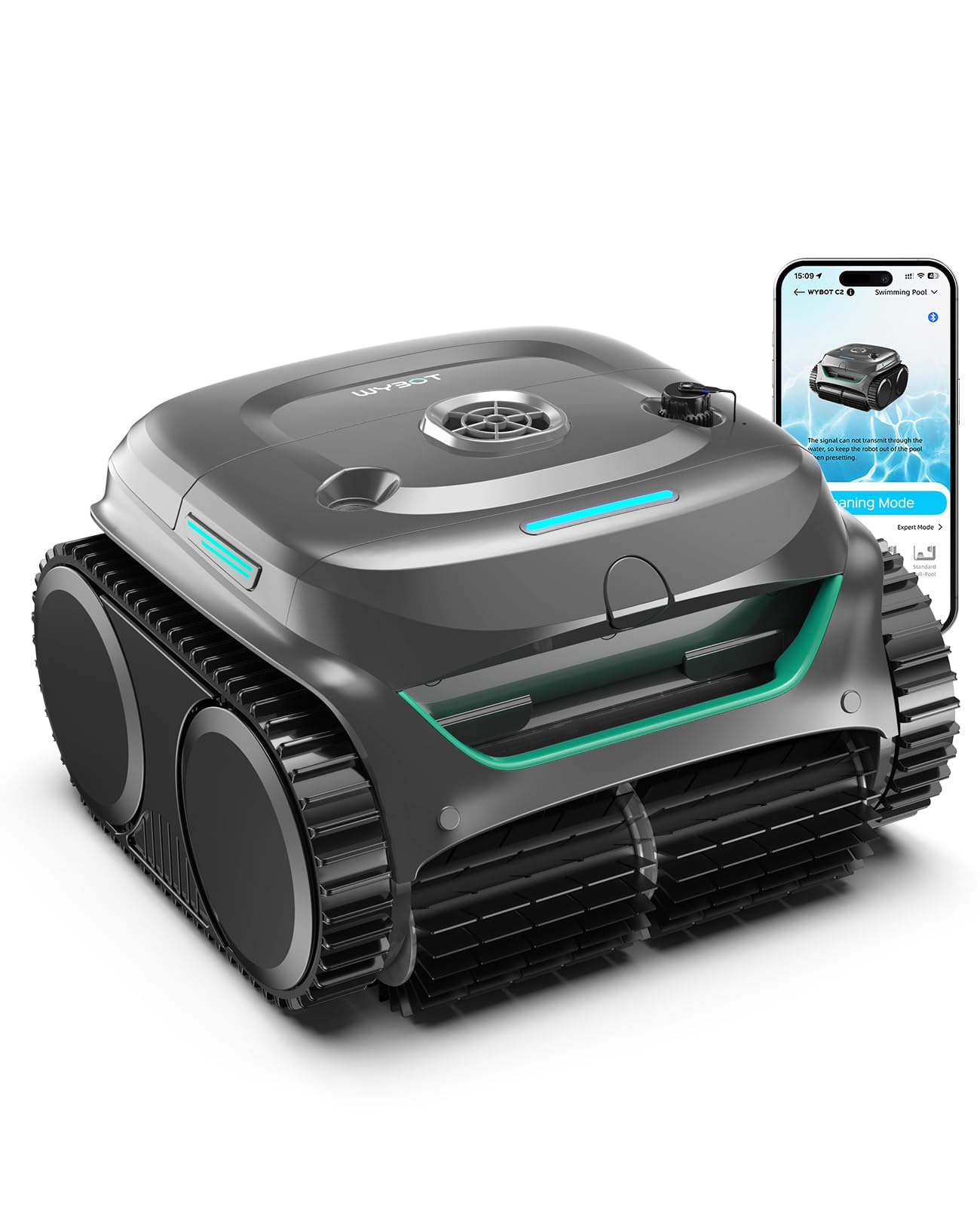 WYBOT C2 Limpiafondos Piscina Robot Inalámbrico, 3 Motores, Doble Filtración, Limpieza Paredes y Línea de Agua, Autonomía 180 Min, para Piscinas Enterradas hasta 150㎡, App(Verde Niebla-Gris)