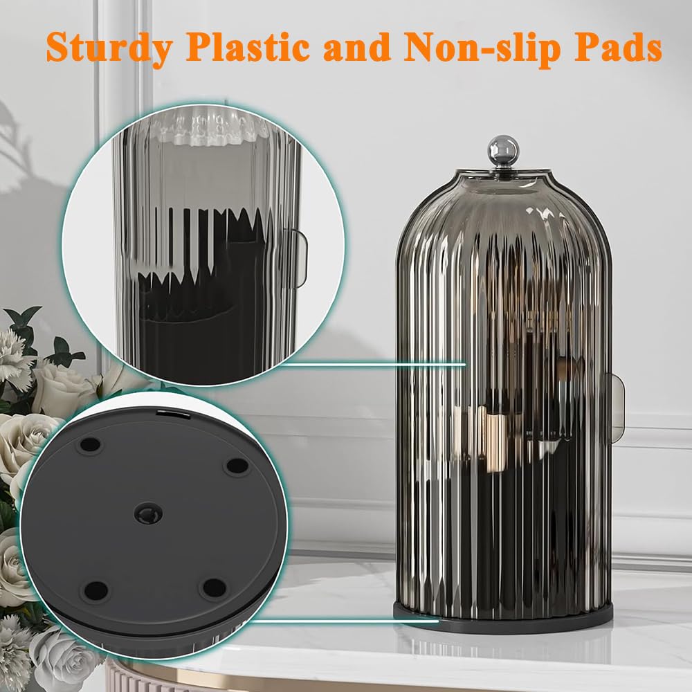 Porta pennelli da Trucco con Coperchio, Girevole a 360°, Organizer per Cosmetici da appoggio, Antipolvere, per Bagno, Trasparente (Tutto Nero)