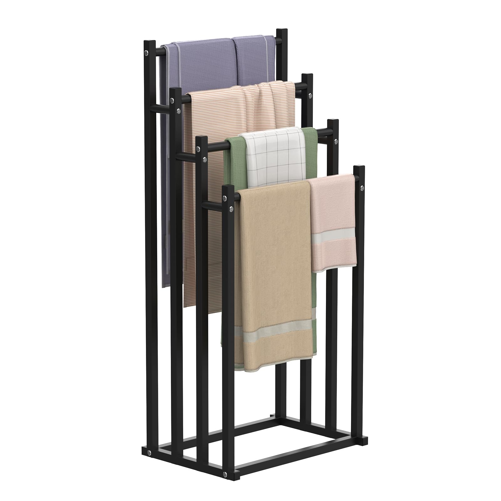 Porte-serviettes sur pied noir à 4 niveaux en métal pour rangement de salle de bain