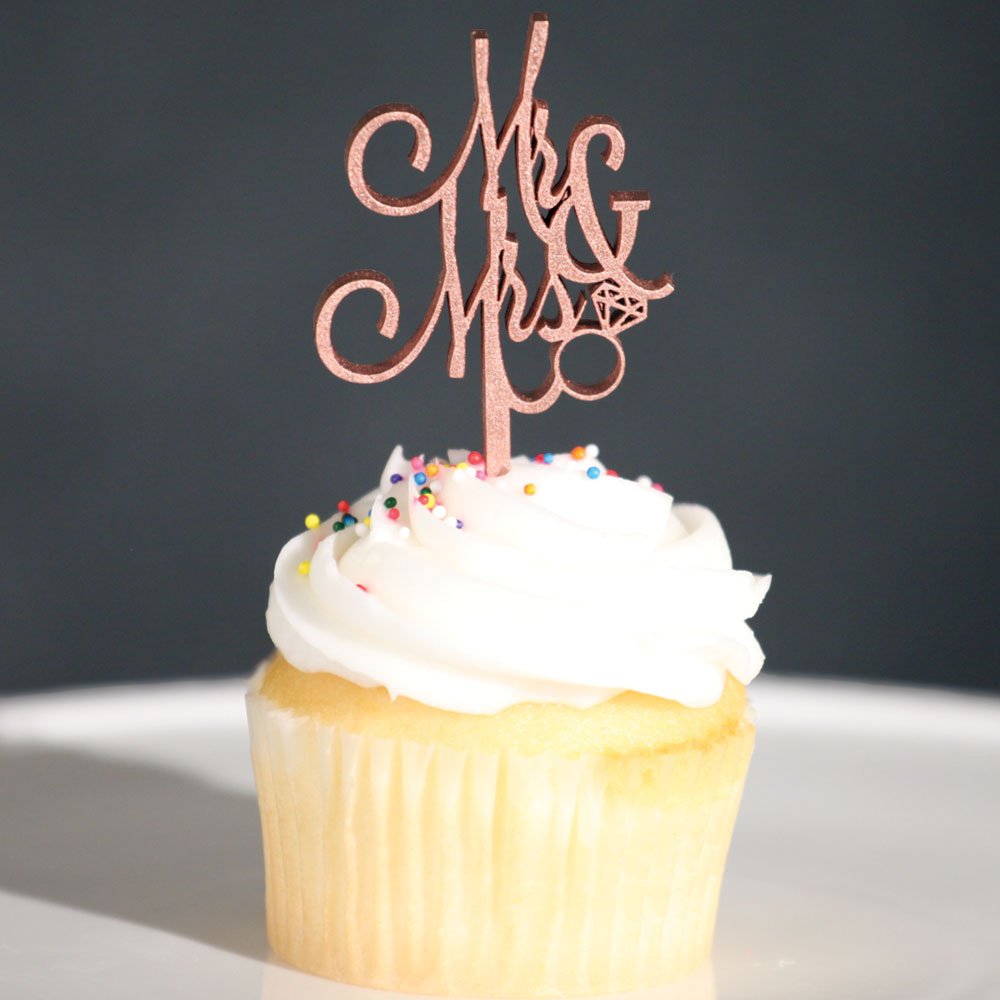 Cupcake Toppers, Rose Gold Mr & Mrs Cupcake Toppers, 6 Set