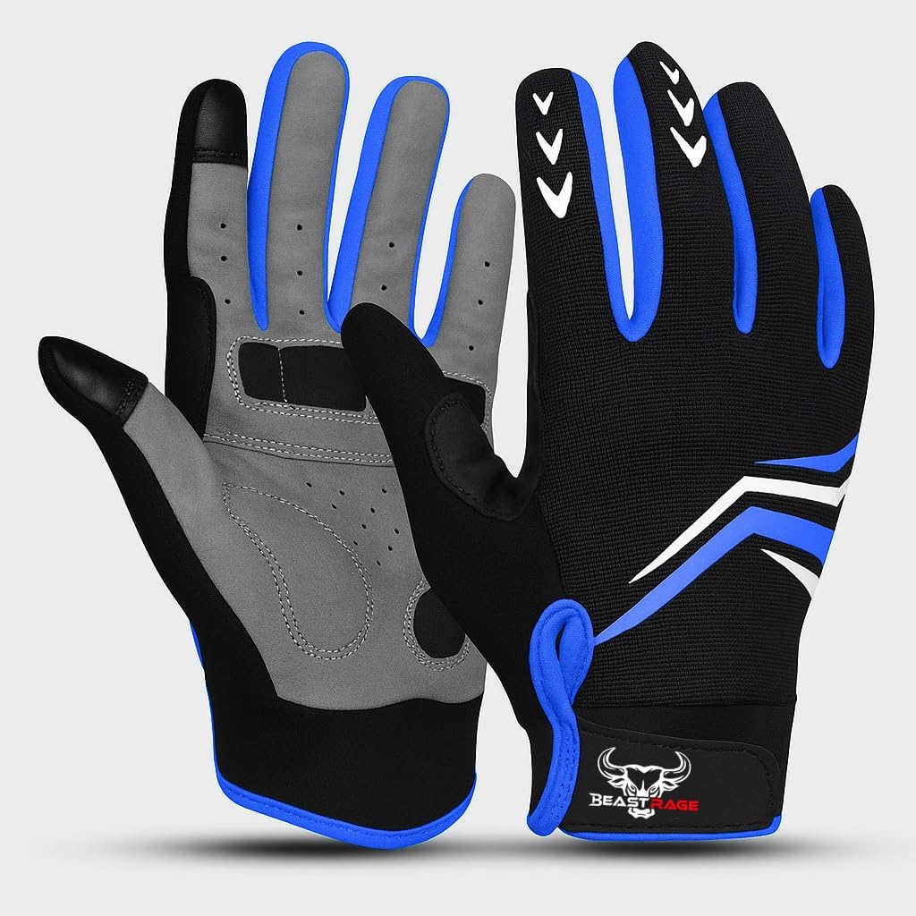 BEAST RAGE Full Finger Cycling Gloves with Padding for Men Women, Anti-Slip, Shock Absorbing, Breathable, Touchscreen Mountain Bike Gloves for BMX, MTB Riding, Road Racing, Bicycle