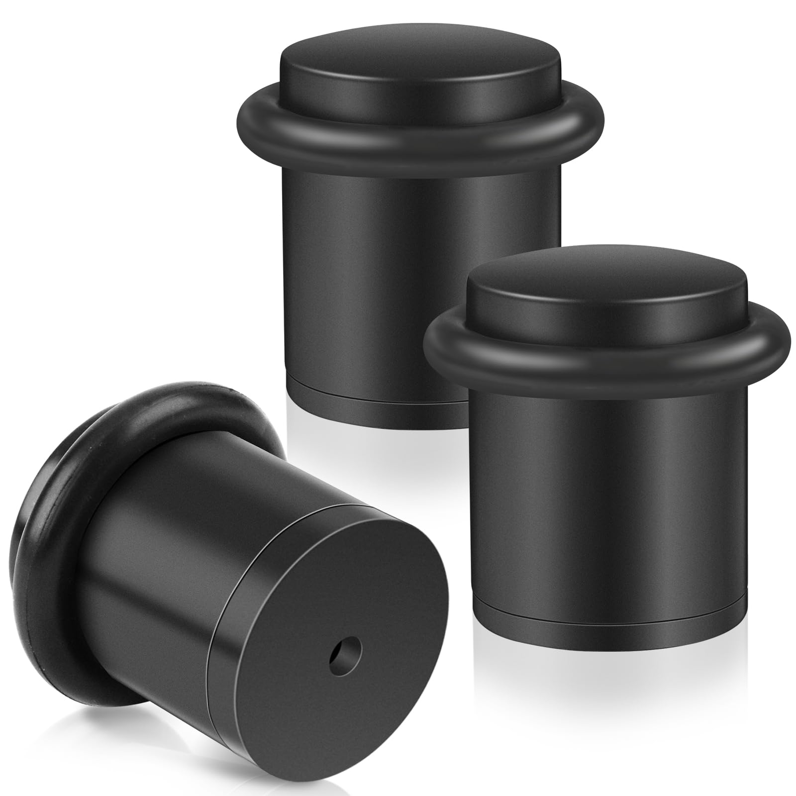 Door Stoppers for Floor, 38mm Height Door Stops with Rubber Buffer, Indoors Outdoor Doorstop Black Cylinder Metal Door Stop Floor Mounted, 3 Pack