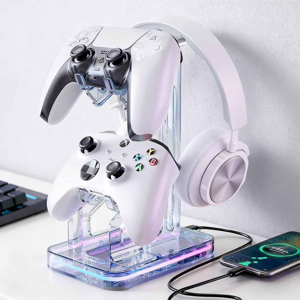 ZORBES® Compatible with Switch 2, USB RGB Game Controller Headset Holder Stand Clear Acrylic Dual Game Controllers Organizer Holder Stand Rack USB Charging Dock