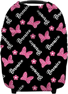 Personalized Pink Bows Baby Car Seat Covers with Name, Custom Multiuse Nursing Breastfeeding Car seat Canopy, Infant Stroller Covers for Newborn Girl Boy, Ultra-Soft Breathable, Nursing Scarf