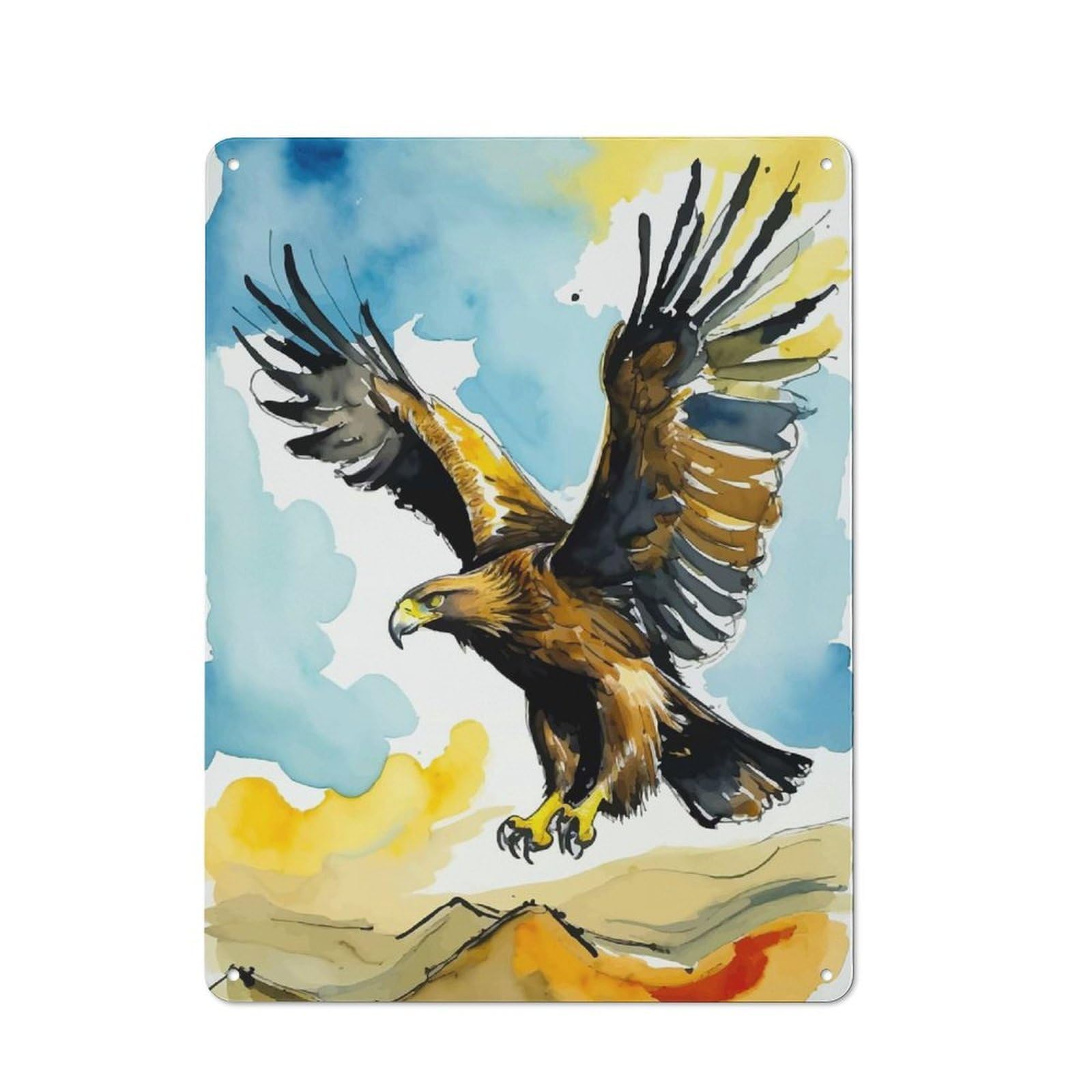 Golden Eagle Watercolor Metal Wall Plaque 40x30cm, Understated Creative Space Decor for Home Office, Reading Corner Or Bedroom