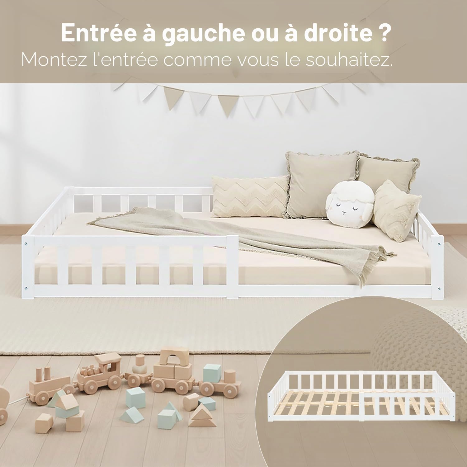 Homestyle4u Lit de sol, 120 x 200 cm, blanc, Montessori, pour enfant, avec protection anti-chute, en bois, sommier à lattes