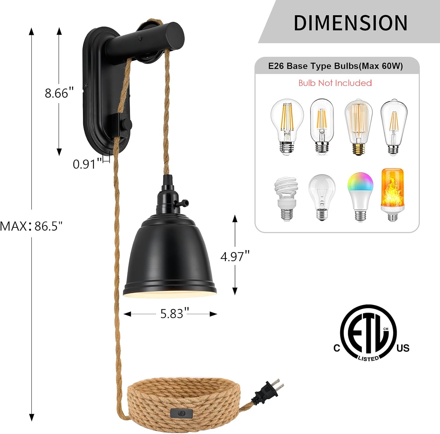 Wall Sconces Set of 2, Plug in Pulley Wall Lamps with On/Off Switch, Vintage Industrial Wall Sconce for Bedroom Living Room Farmhouse, E26 Base, 86.5" Cord, Bulbs Not Included