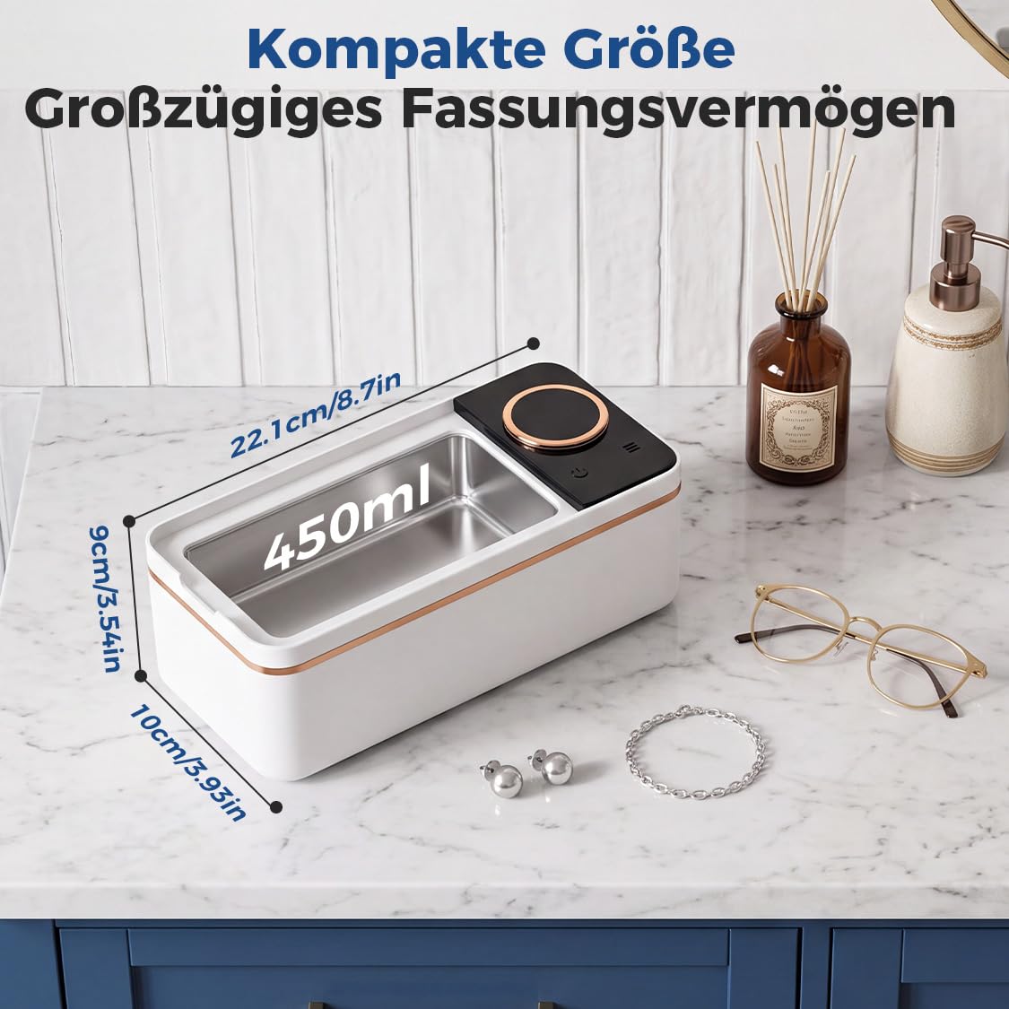 Ultraschallreinigungsgerät, 450ML Brillenreinigungsgerät, 55000Hz Ultraschallreiniger Brille, Mit 6-Stufigem Digitaltimer, Gründliche Reinigung von Brillen, Zahnprothesen, Münzen, Schmuck und Uhren.