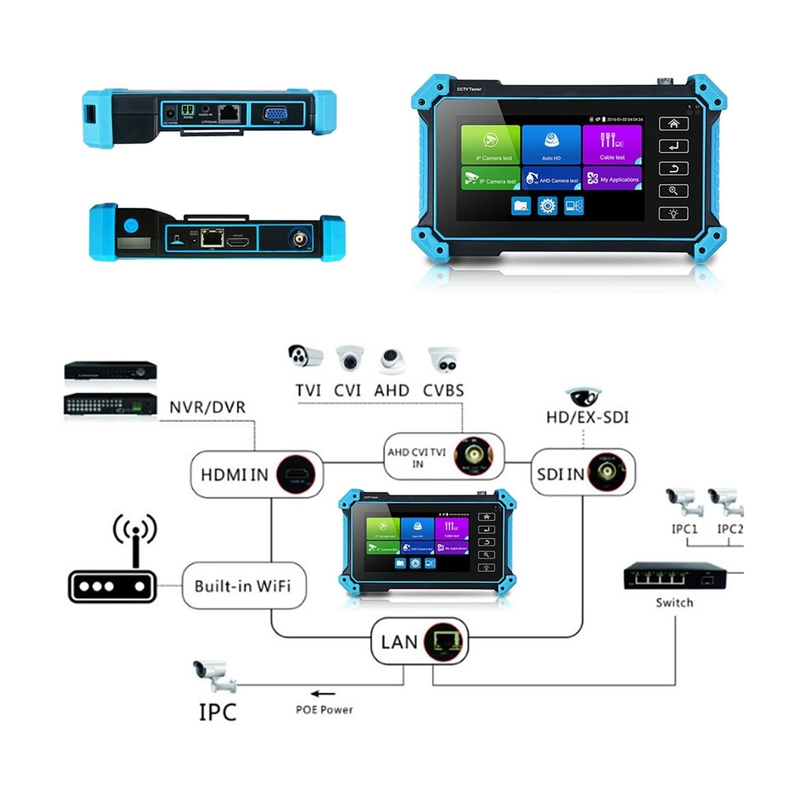 CCTV Tester, IPC-5200C Plus CCTV IPC Tester 8MP AHD CVI TVI SDI Kamera 12MP IP Mit Touchscreen Display VGA Eingang(5200C Plus)