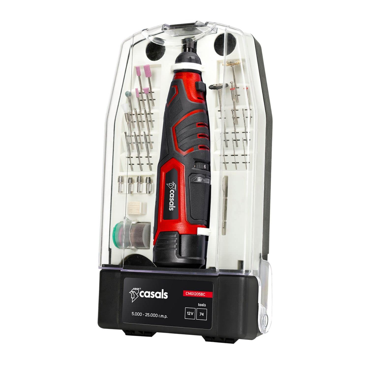 CASALS - Mini amoladora eléctrica de 12V | Multiherramienta con 73 accesorios | Amoladora recta con regulador de velocidad | 6 velocidades (500-25.000RPM) | Herramientas de bricolaje profesional