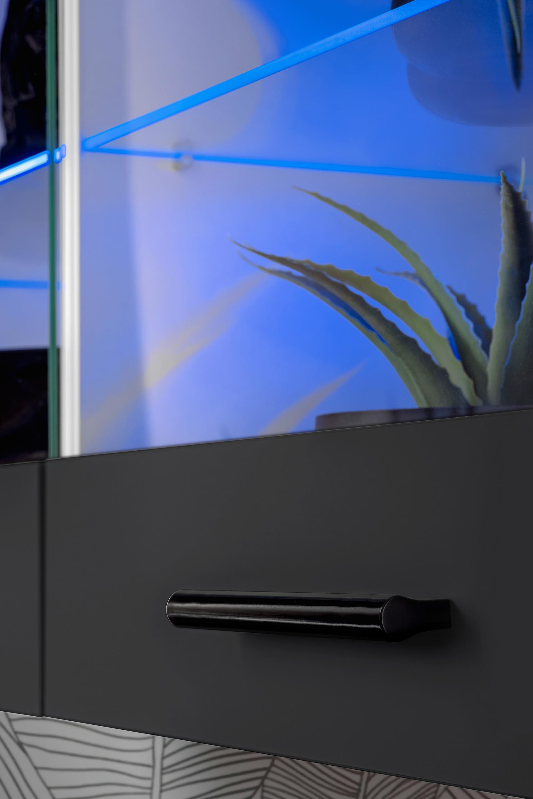 Komodee, Vetrina Savona - Armadio in vetro, Bianco/Nero, larghezza 100 cm x altezza 50 cm x profondità 30 cm, LED Blu, 2 ripiani in vetro, 2 ante per soggiorno, cucina
