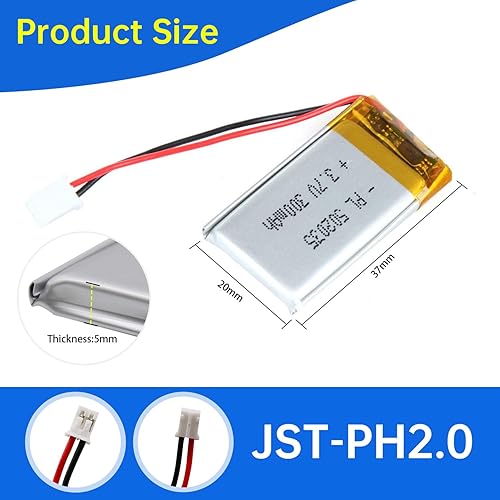 Miniatura 3 de 502035 3.7V Lipo Batería 300mAh 502035 Batería recargable de polímero de litio con conector JST PH2.0.000 in para dispositivo electrónico
