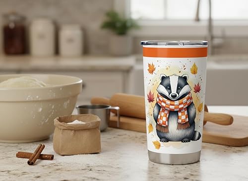 Miniatura 6 de Autumn Badger - Vaso de café aislado con tapa  Taza de viaje reutilizable de acero inoxidable de 20 onzas  Temporada de otoño Animal lindo diseño de