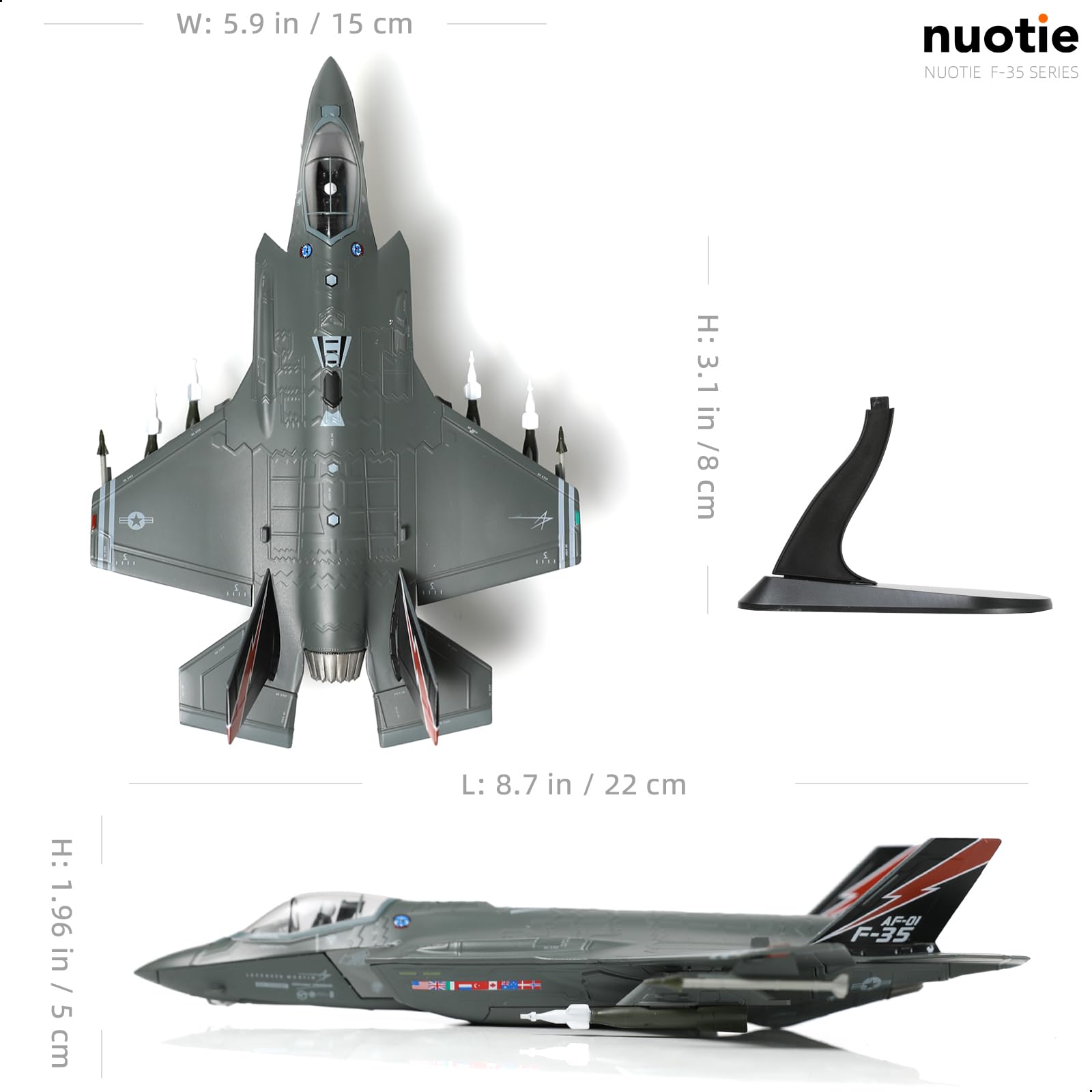 NUOTIE 1/72 F-35A Lighting II Fighter Aircraft Model Fighter U.S. Airforce AF-01 Modello di aereo pressofuso con espositore Squadrone F35A Flight Mode (AF-01) Collezione di modelli regalo per adulti