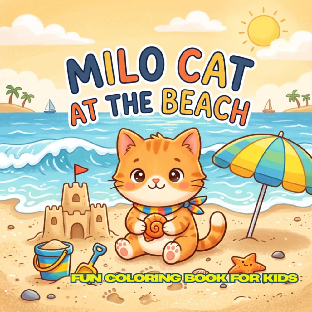 Milo Cat at the Beach: 30 Simple Black and White Coloring Pages for Kids Ages 4–12 | 8.5 x 8.5 Inches | Cute Beach Cat Adventures | Bold Easy Lines