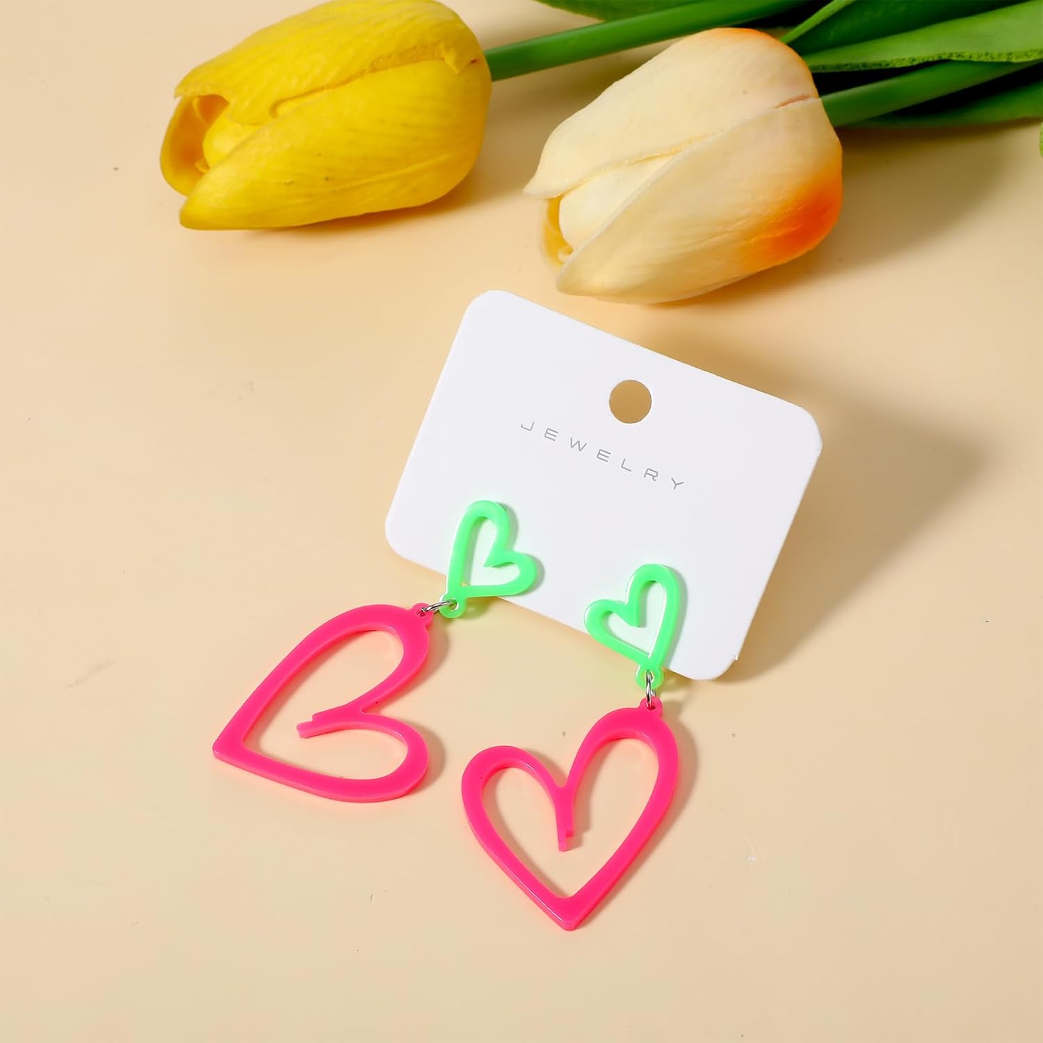 Bewudy Neon Heart Earrings for Women, 80s 90s Retro Drop Dangle Earrings Heart Acrylic Punk Earring 80s 90s Outfit Glow Party Accessories Gifts for Women - Image 7