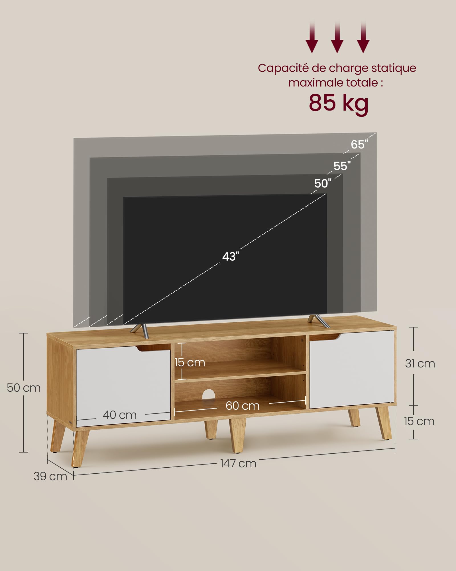 VASAGLE Meuble TV, pour Télévision jusqu'à 65 Pouces, Longueur 147 cm