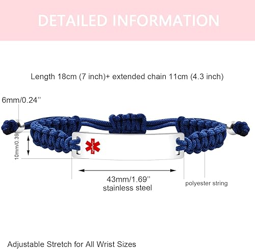 Miniatura 7 de Uloveido Pulsera de identificación de alerta médica grabada con láser, pulsera ajustable para hombres y mujeres, primeros auxilios de emergencia,