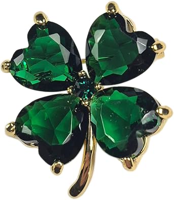33mm Green Rhinestone Four Leaf Clover Irish Shamrock Brooch Lapel Pin Realistic Art Deco Fashion Style Decor St.Patricks Day "Lucky Leaf" Crystal Jewellery Jewelry Gift + Marvelous Gift Box