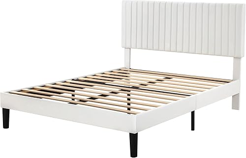 Miniatura 21 de HOOMIC Base de cama de plataforma de tamaño matrimonial, cama tapizada de terciopelo moderno con cabecera capitoné de canal vertical ajustable,