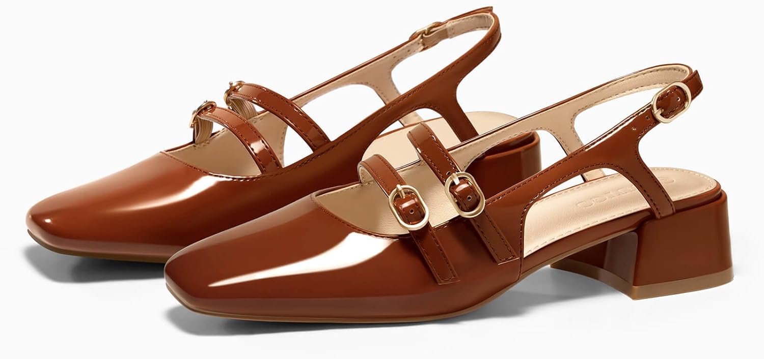 Coutgo Women's Mary Jane Chunky Low Heels Slingback Pumps Closed Square Toe Wedding Dress Shoes - Image 4