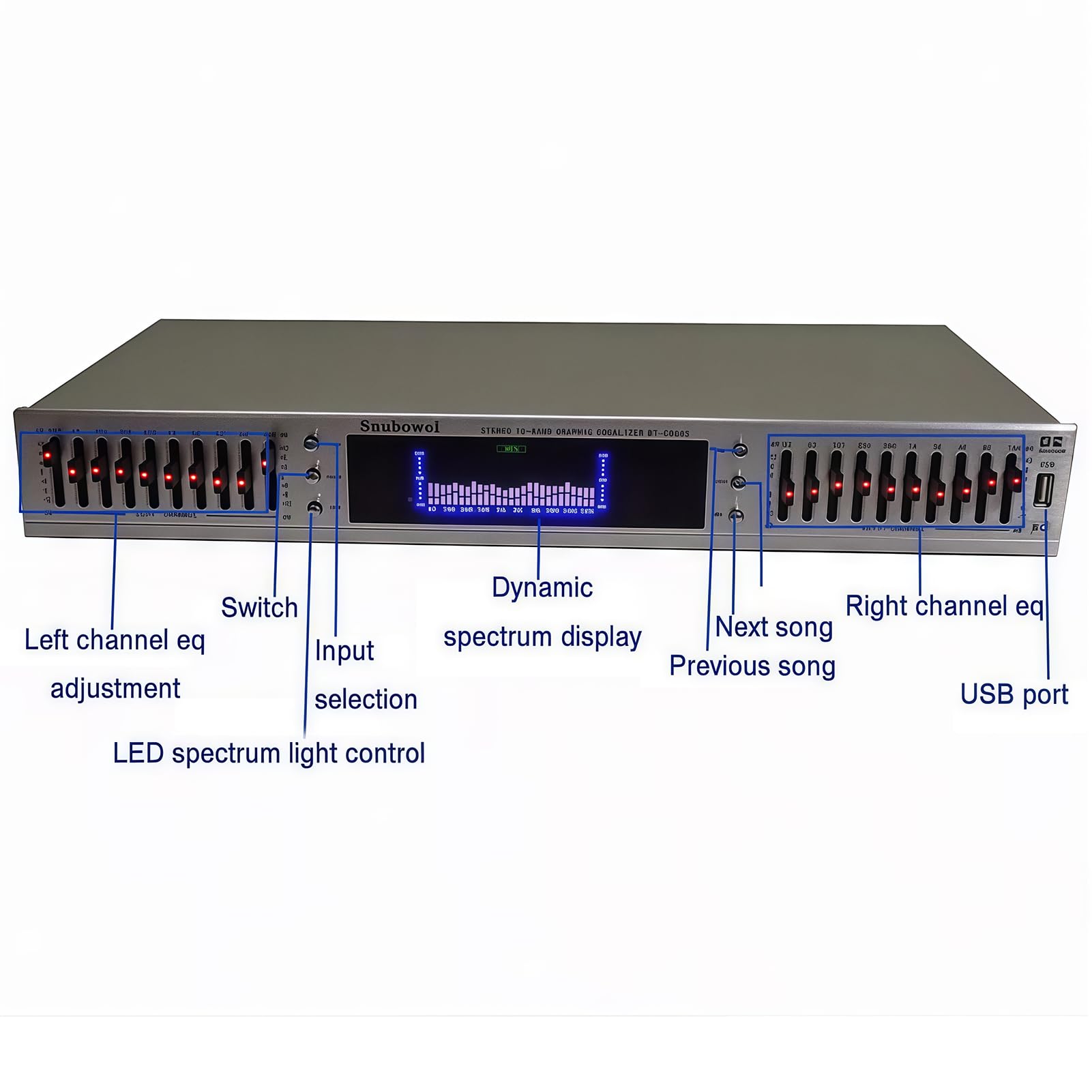 Ecualizador de audio HiFi de 20 bandas, afinación profesional de efectos gráficos digitales con USB y control remoto, pantalla de espectro LED para estudio de grabación
