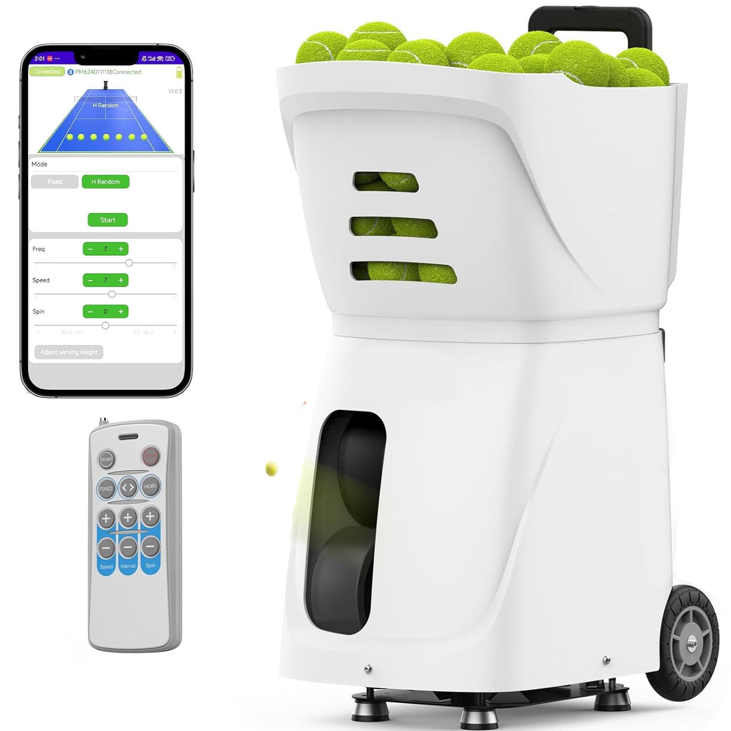 Máquina Portátil Para Lanzar Pelotas De Tenis: Lanzador Automático De Pelotas De Tenis Para Entrenamiento Y Práctica De Jugadores De Todos Los Niveles. Incluye Aplicación Y Control Remoto,White