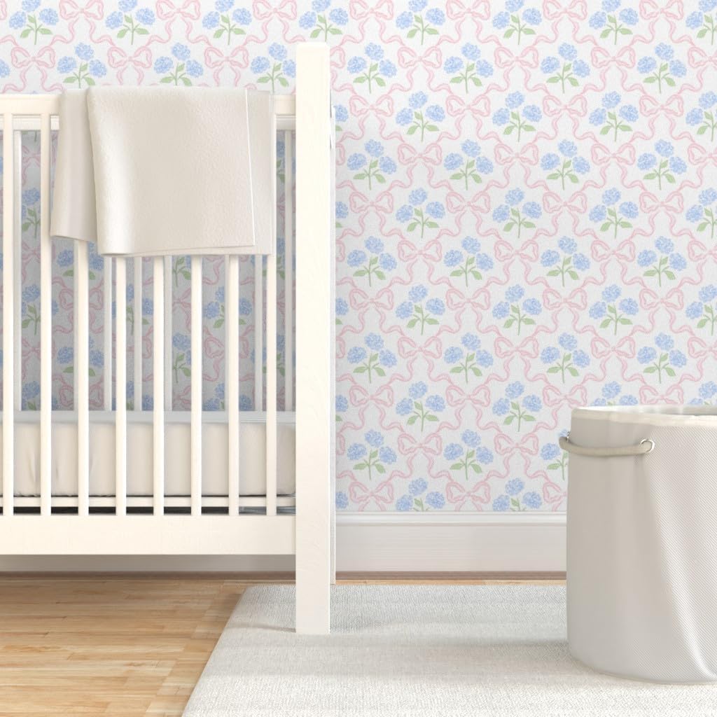Spoonflower Peel & Stick Wallpaper 3ft x 2ft - Preppy Bow Floral Delicate Pastel Flowers Feminine Traditional Easter Hydrangea Blue Pink White Custom Removable Wallpaper