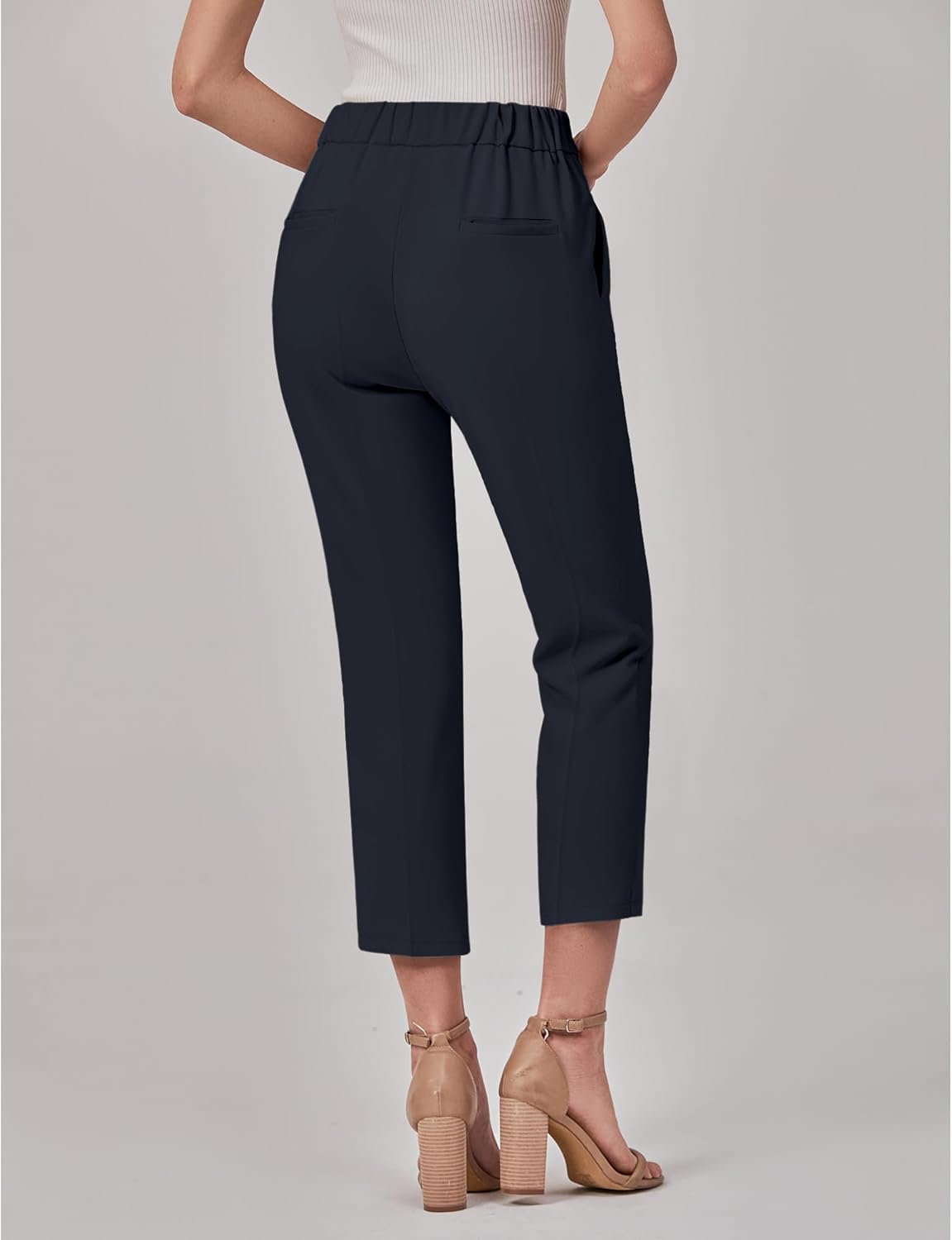 GRAPENT Capri Pants for Women High Waisted Pull On Dress Pants Slim Straight Leg Stretchy Waist Capris Trousers Pants - Image 2