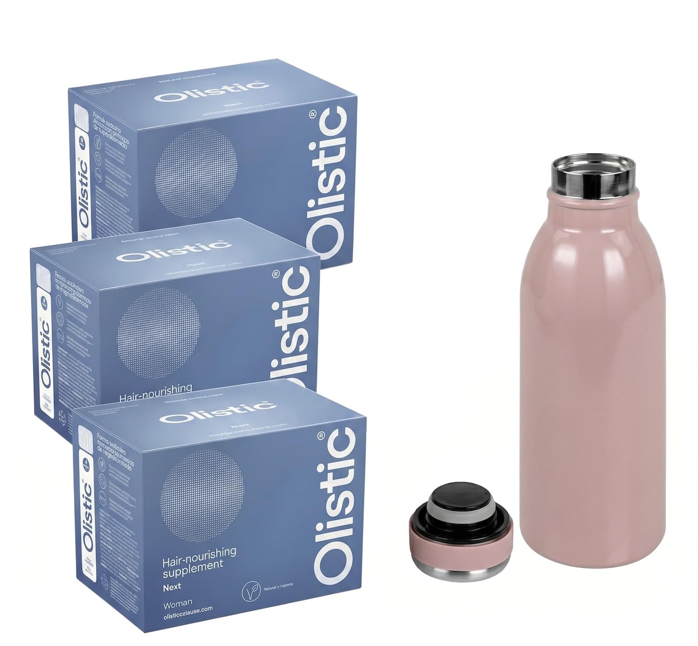 Olistic - WOMEN NEXT PACK TRIPLO 3 MESES + BOTELLA DE REGALO, Complemento Alimenticio Anticaída de Cabello, Ingredientes Naturales y Vitaminas, Previene la Caída del Pelo, Vegano, Sin Gluten